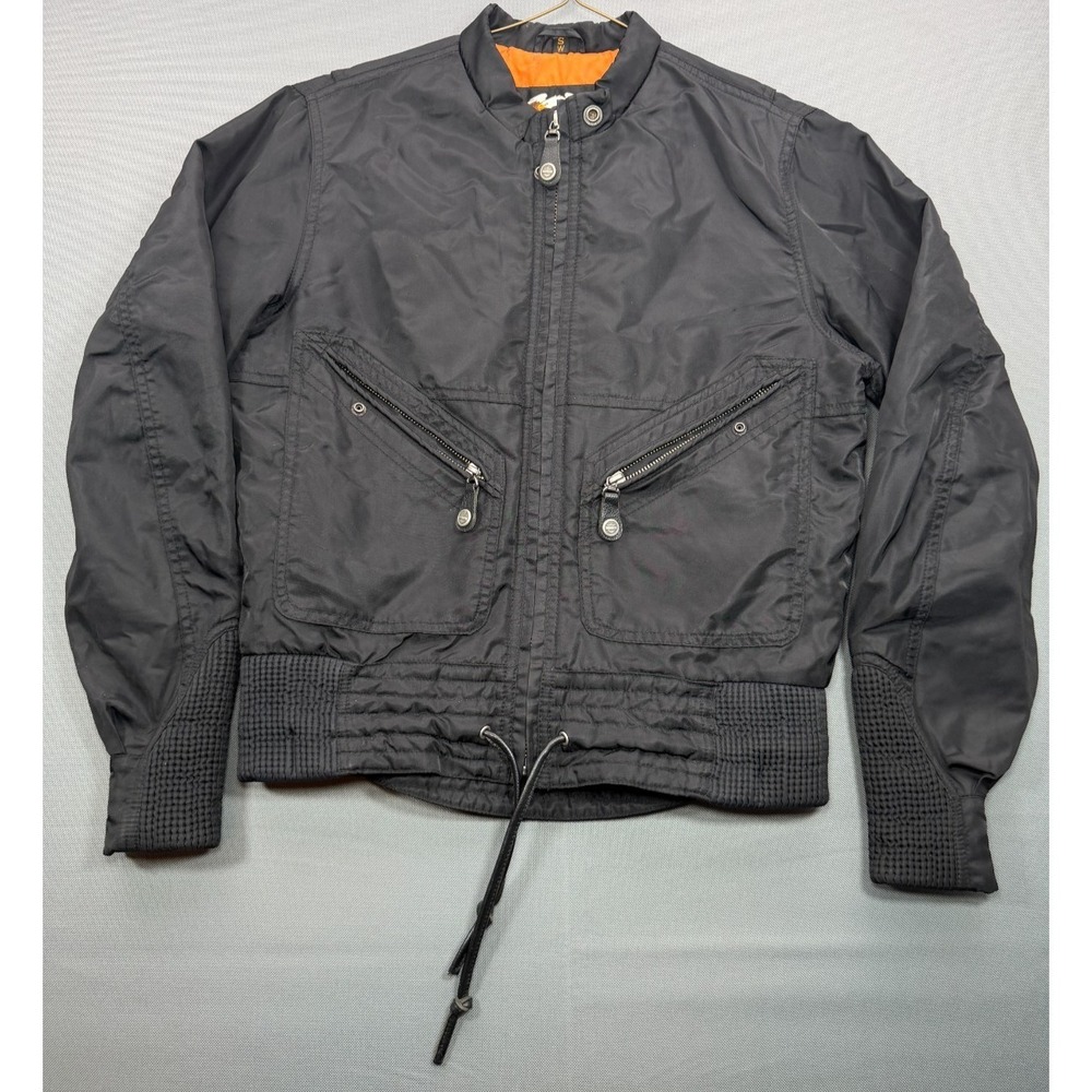 Harley-Davidson Womens Small Black Nylon Moto Bomber Jacket Orange Lining - Picture 3 of 10
